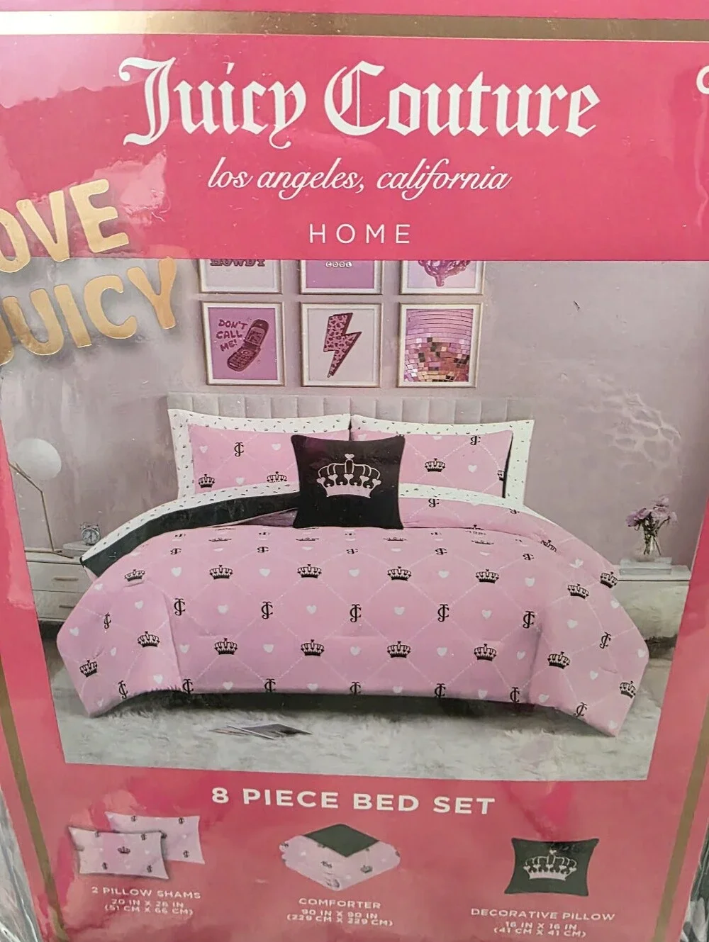 Juicy Couture QUEEN Hearts Crown JC Print 8 Piece Pink Comforter Set
